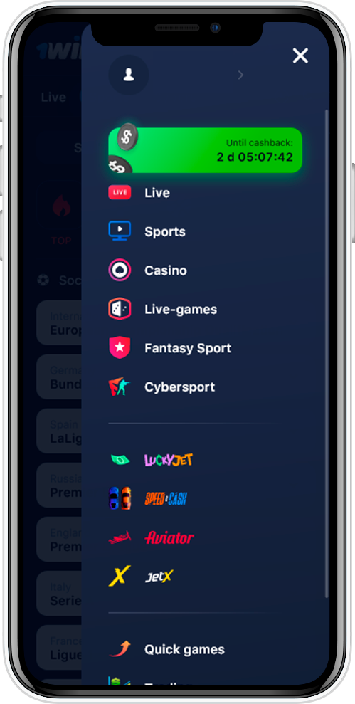 Screenshot of the 1Win app menu