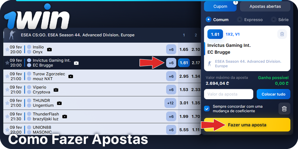 Instruções passo a passo sobre como apostar no eSports a 1Win